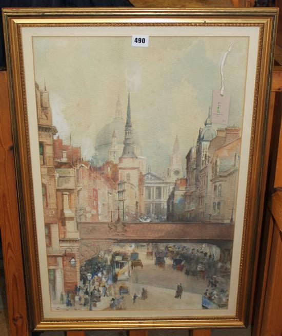 L Sampson, watercolour, City street scene with a view of St Pauls